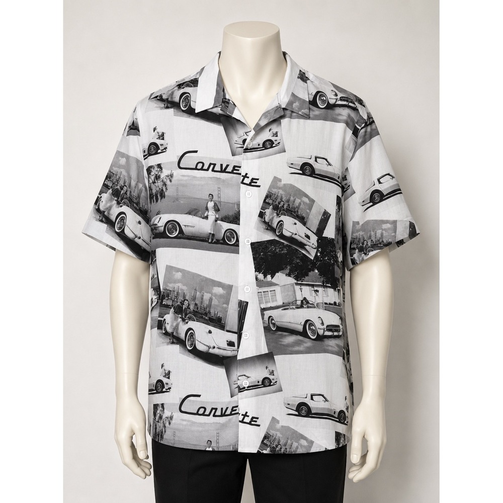Chevrolet Corvette Graphic Print Camp Shirt Mens White Black Retro Car Button Up